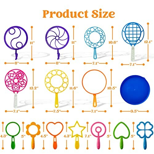 Various bubble wands with different shapes and sizes displayed with measurements.