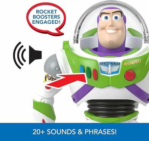 Buzz Lightyear toy with sound feature and rocket boosters.
