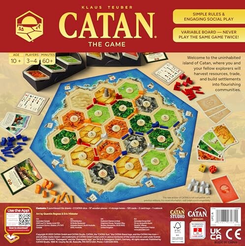 Catan board game box with pieces and setup.