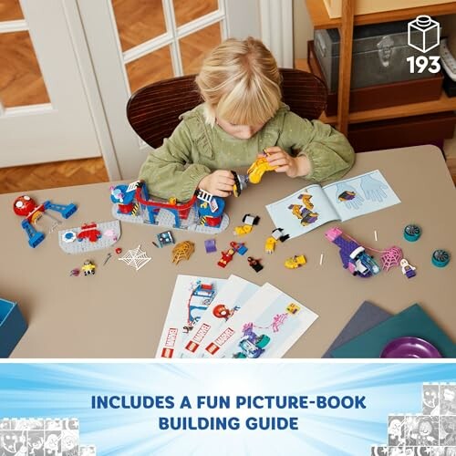 Child assembling a colorful LEGO set with a picture-book guide.