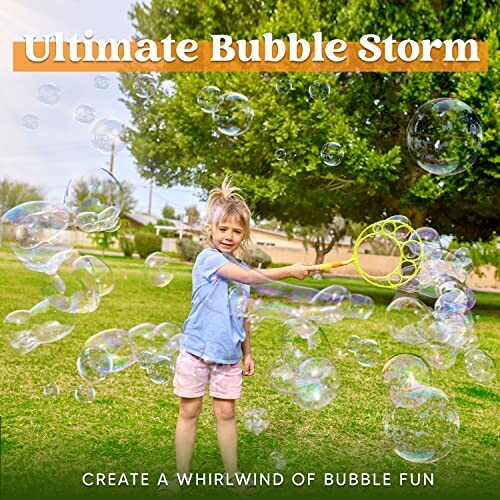 Child playing with a bubble wand surrounded by bubbles outdoors.