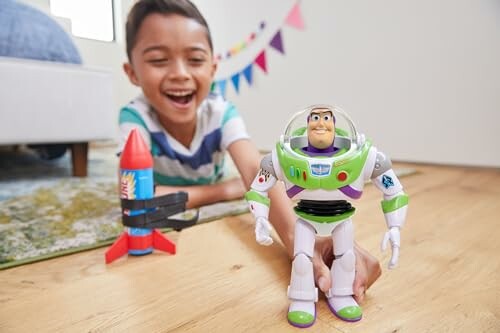 Child playing with Buzz Lightyear toy and a small rocket indoors.