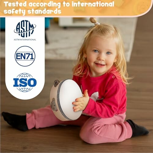 Child playing with a toy, tested for international safety standards.