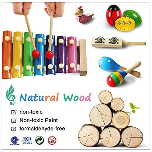 Colorful wooden musical toys including a xylophone, maracas, and castanets.