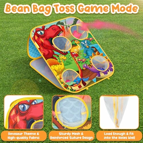 Colorful dinosaur-themed bean bag toss game with sturdy mesh design.