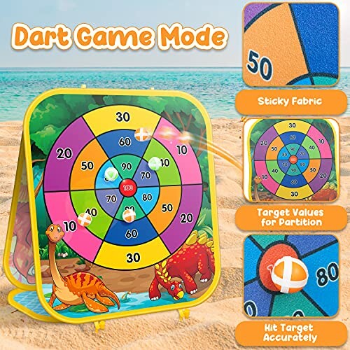Colorful dinosaur-themed dart game board with target values.