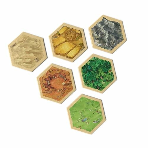 Hexagonal board game terrain tiles with various landscapes.