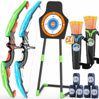 Kids archery set with bow, target, arrows, and cans.