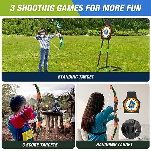 Children practicing archery with various targets.