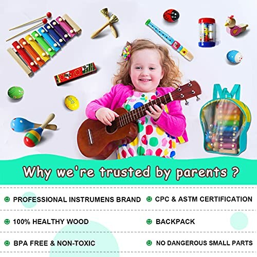 Child playing guitar surrounded by colorful musical instruments.