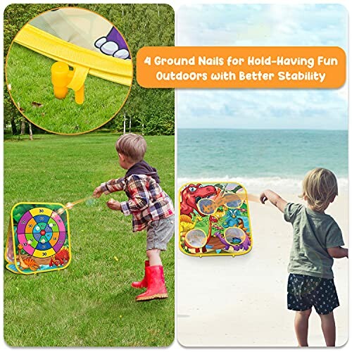 Children playing with an outdoor dart game on grass and beach.