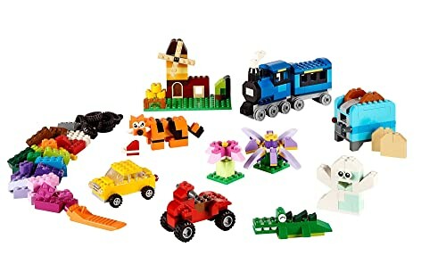 Various LEGO creations including vehicles, animals, and buildings.