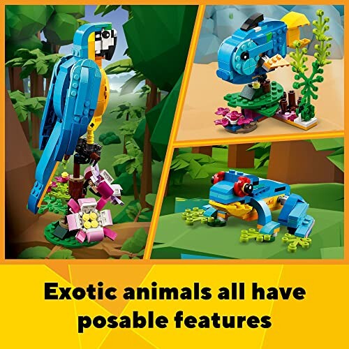 LEGO models of an exotic parrot, fish, and frog with posable features.