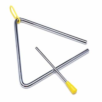 Metal triangle percussion instrument with striker.