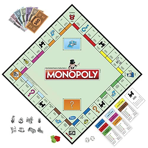 Monopoly board game with pieces, cards, and money, perfect for family game nights.