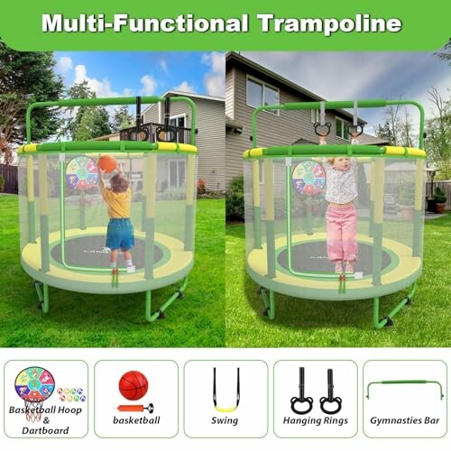 Kids playing on a multi-functional trampoline with basketball hoop, swing, hanging rings, and gymnastics bar.