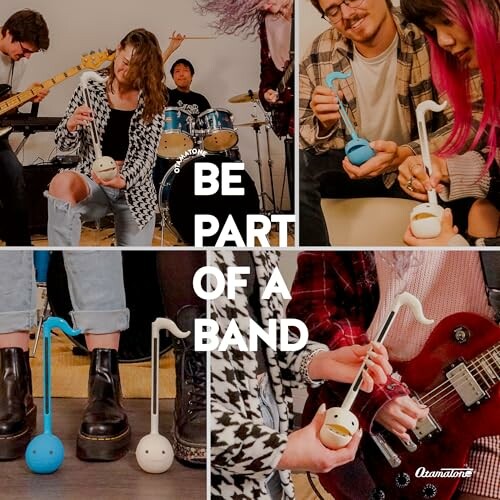Musicians playing with Otamatone instruments in a band setting.