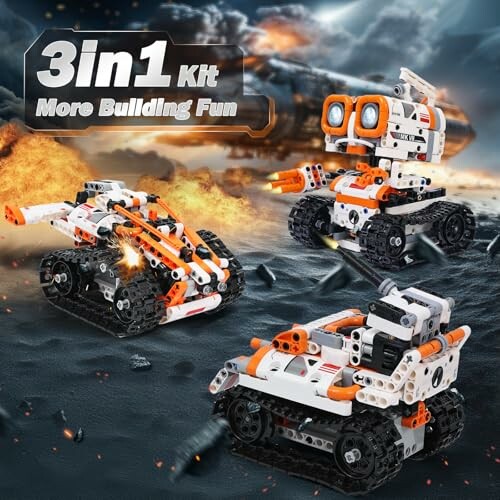 Three-in-one robot building kit with various models on rocky terrain, perfect for kids aged 8-12.