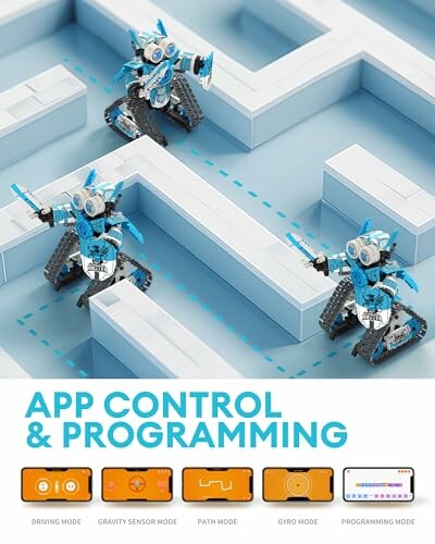 Three blue robots navigating a maze with app control and programming options displayed below.