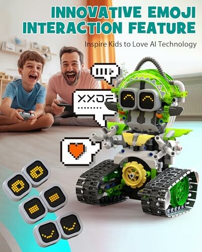 Children playing with interactive robot toy featuring emoji expressions.