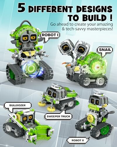 Five robotic toy designs including robots, snail, bulldozer, and sweeper truck.