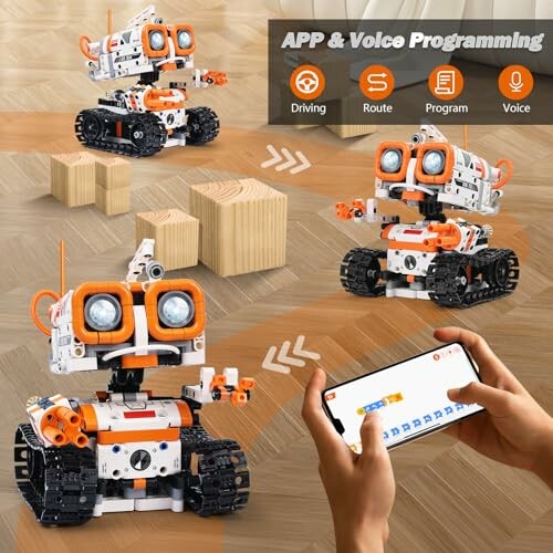 Interactive robotic toy with app and voice programming features, engaging for kids aged 8-12.