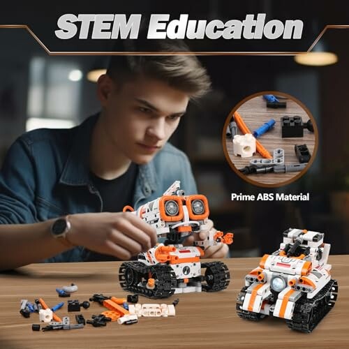 Person assembling STEM robot models with various parts on a table, ideal for kids aged 8-12.