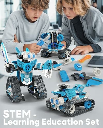 Children assembling STEM robot and vehicle models.