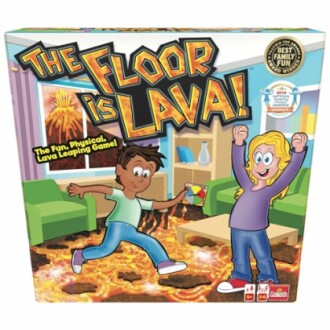 The Floor is Lava board game box with cartoon characters jumping over lava.