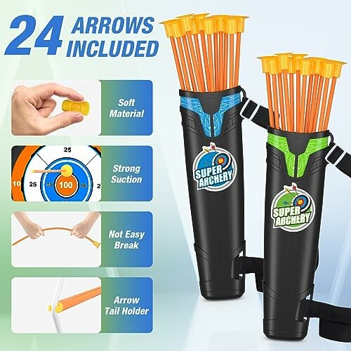 Toy arrow set with 24 arrows and two quivers featuring soft material and strong suction.