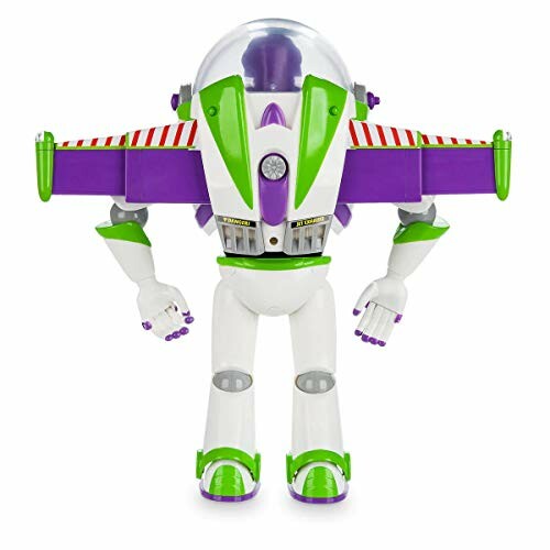 Back view of a space ranger toy with wings and helmet.