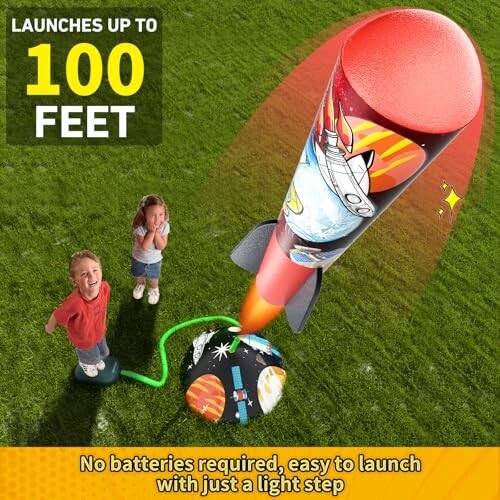 Children playing with a toy rocket launcher on grass.