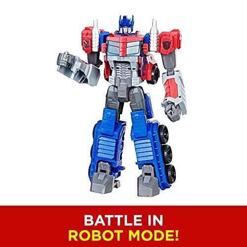 Transformer toy in robot mode with red, blue, and gray colors.