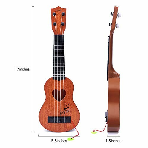 Two views of a small wooden ukulele with dimensions