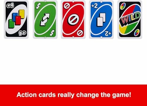 UNO action cards including draw four, reverse, skip, draw two, and wild.