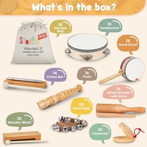 Wooden music set with storage bag, tambourine, hand drum, chime bar, flute, wood sounder, wooden block, hand bells, and castanets.